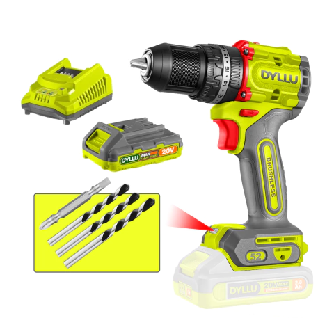 Taladro Percutor Dyllu 2000rpm 20V BL 52Nm con Cargador, Bateria y Mechas DTCDP5282-4